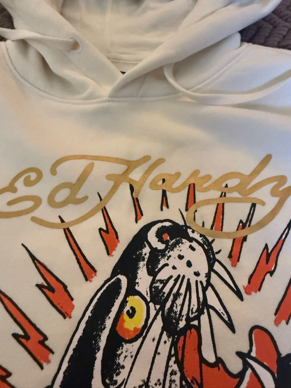 Ed Hardy White Hoodie with Black Panther and Orange Rose Graphic